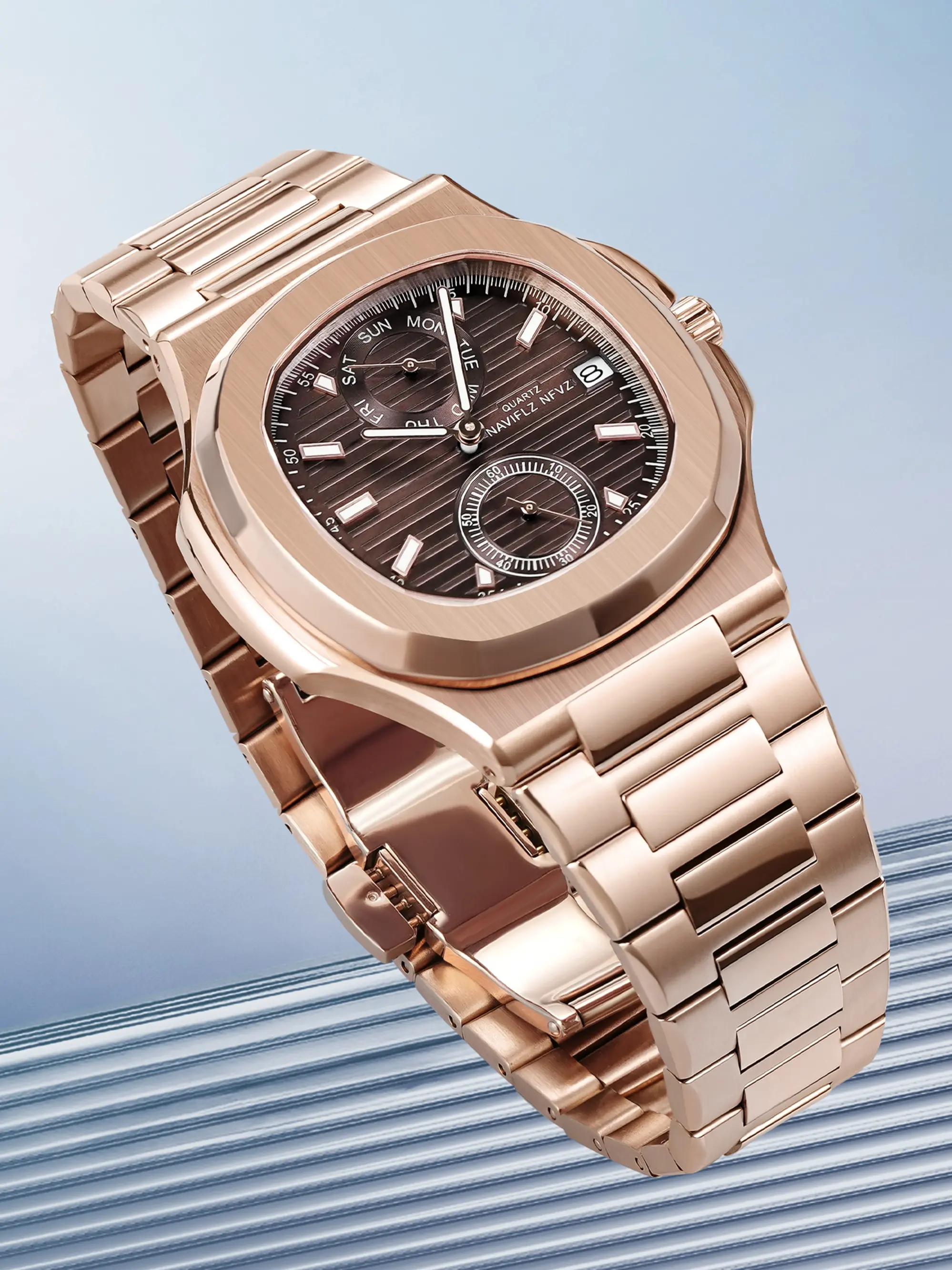 NAVIFLZ NFVZ 2025 New Classic Rose Gold Brown Men's Watches Luxury Luminous Fashionable Watch Quartz Watch For Men Stainless Steel Sapphire WristWatch
