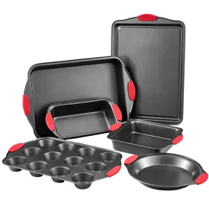 【Spotlight Day】VEVOR Baking Pans Set, 6-Piece, Nonstick Carbon Steel Cookware Sheets & Trays, Stackable Kitchen Oven Bakeware Cooking Sets with Silicone Handles, Easy to Clean, for Baking Cookie Cake Muffin Bread