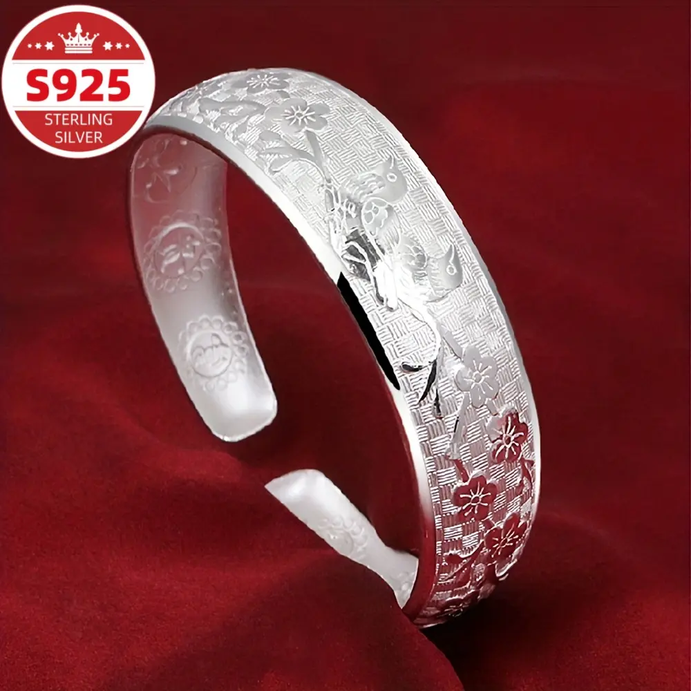 S925 sterling silver women’s bracelet, trendy Chinese-style women’s bracelet featuring magpie and plum blossom motifs; adjustable open bangle—perfect for everyday wear and a perfect gift for Valentine’s Day, Mother’s Day, Carnival, and Easter.