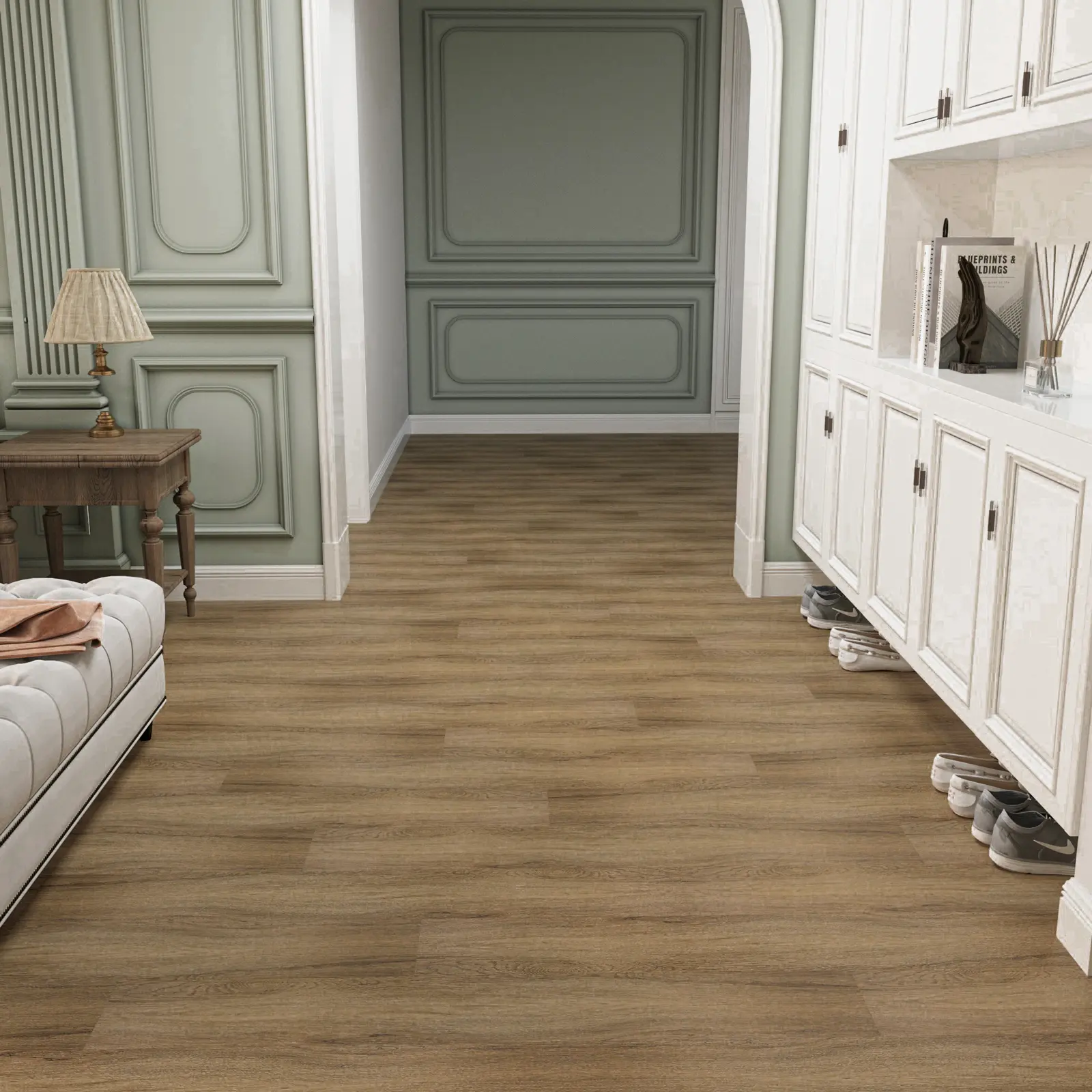 Jeedeson Indoor Walnut Wood-Patterned No-Glue SPC Vinyl Flooring - Click-Lock, Eco-Friendly, Waterproof, Stain Resistant, Strong Stability for Modern Homes, Kitchens, Bathrooms