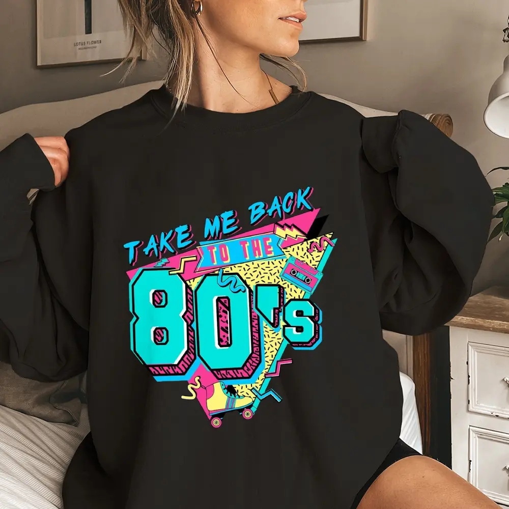 Women's Sweatshirt "Take Me Back To The 80S" | 80S Vintage Print T-shirt | Causal Long-sleeved Crew Neck Sweatshirt for Daily wear | Unisex Hoodie for Fall & Winter | Streetwear Cotton Comfort Women's Clothes |