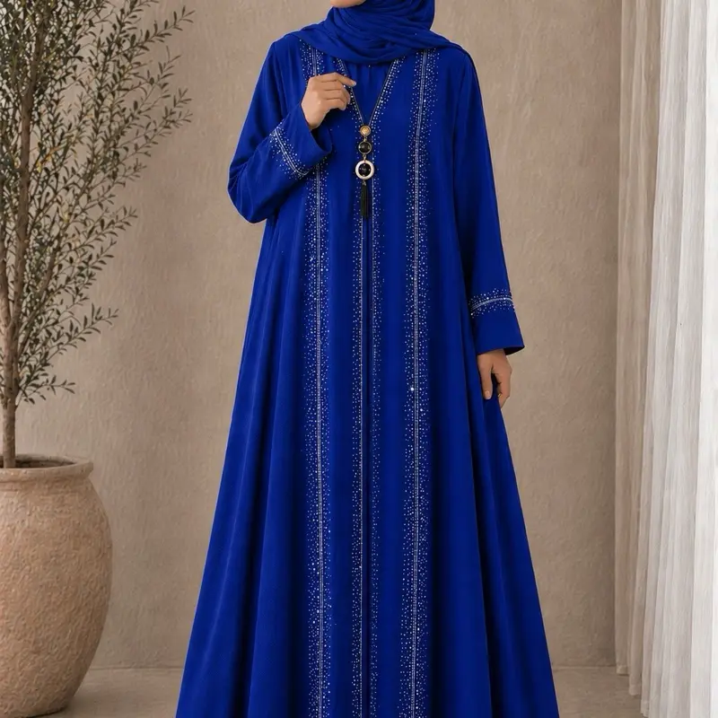 Women's Islamic Double Front Abaya - Rhinestone Embellished, Modest Muslim Outfits, Muslim Fashion, Elegant Traditional Abayas with Chiffon Scarf for Formal Events, Versatile Styling