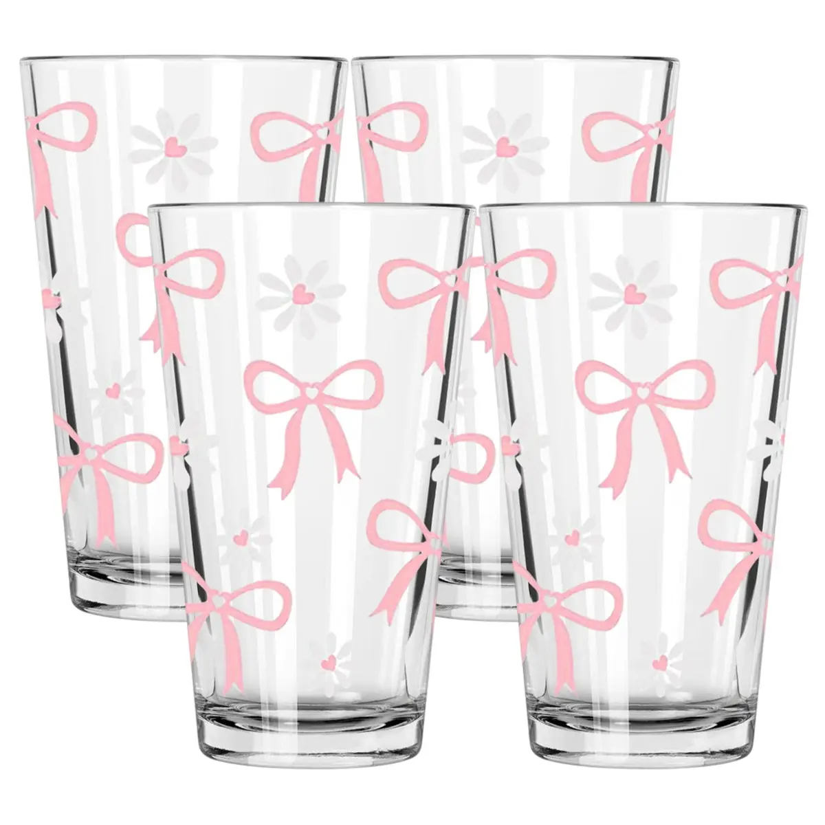 Bow&Daisy Pattern Drinking Glasses, Home Transparent Glass Cup for Coffee Drinks Beer Juice Cocktails, 1/4 Piece Set