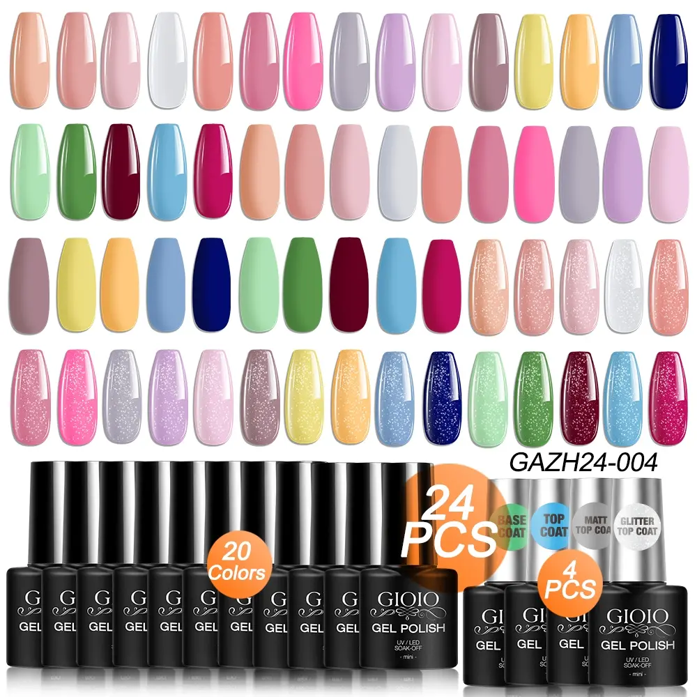 GIOIO 24PCS Gel Nail Polish Set Include 20 Colors Pastel Gel UV LED Gel Polish Manicure With Base Coat And Top Coat, Matte & Glitter Top Coat Nude Pink White Blue Nail Gel Polish Set