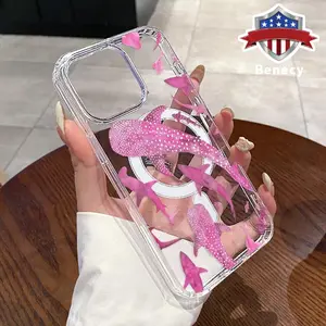 Magnetic Soft Case for iPhone 17 15 16 14 Pro Max 13 12 11 XR XS Plus E Air Marine Life Ink Art Sharks Pattern Anti-Yellowing Shockproof ultra-thin Silicone Crystal Transparent Acrylic Large Hole Cover Protective Casing