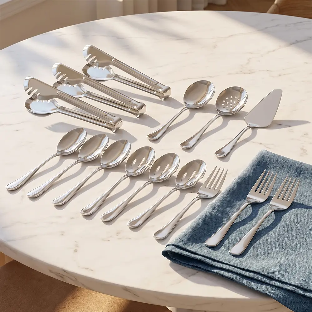 15pcs Stainless Steel Serving Utensils Cutlery Tableware Tool Set - Includes Spoons, Forks, Tongs, Slotted Spoon, Ladle, Cake Server for Kitchen Catering, Birthday Party,summerwins