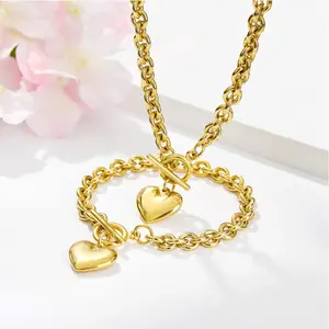 Heart Chain Necklace + Heart Bracelet for Women - Gold, Rose Gold, Silver - Toggle Charm - Stainless Steel Jewelry Set