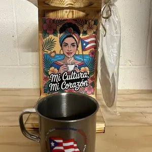 Puerto Rican Rustic Coffee Maker with strainer and stainless steel mug.   Cafetera artesanal en madera sólida . Incluye taza en metal y colador.
