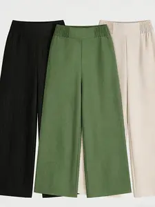 Three-piece set, Womenswear, Casual High Rise Comfy Pants, women's high-waist elastic wide-leg cropped pants, made of lightweight, breathable fabric, loose fit offers comfort and flattering leg silhouette, suitable for daily commuting, casual shopping