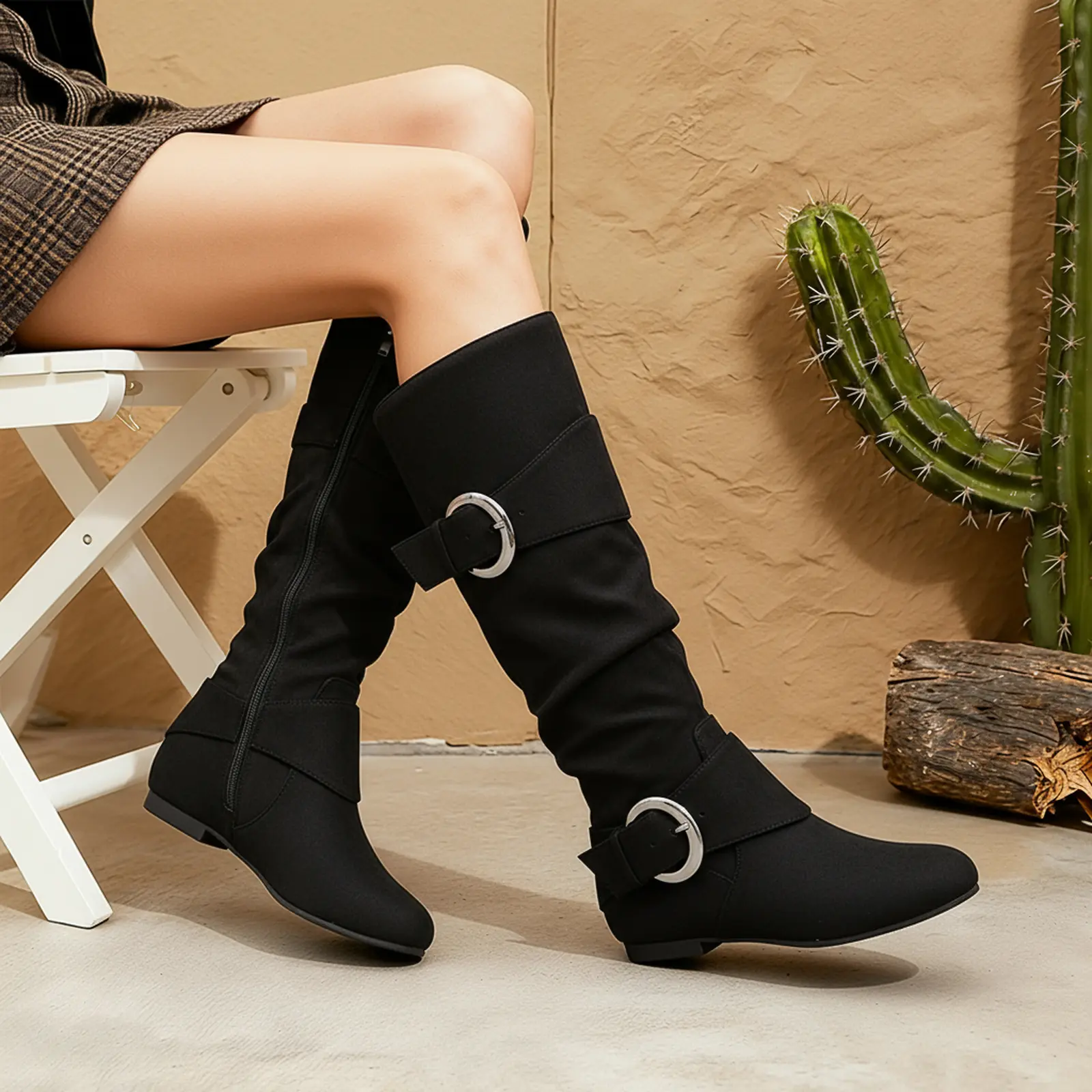 Women's Slouchy  Knee-High Boots Solid-Color Synthetic Suede Flat-Heel Round-Toe Wide-Last Boots 2025 Fall/Winter Fashion Trend Long Boots Side Zipper Design with Dual Metal Buckle Accents Versatile Women's Boots for Casual and Formal Occasions wide width