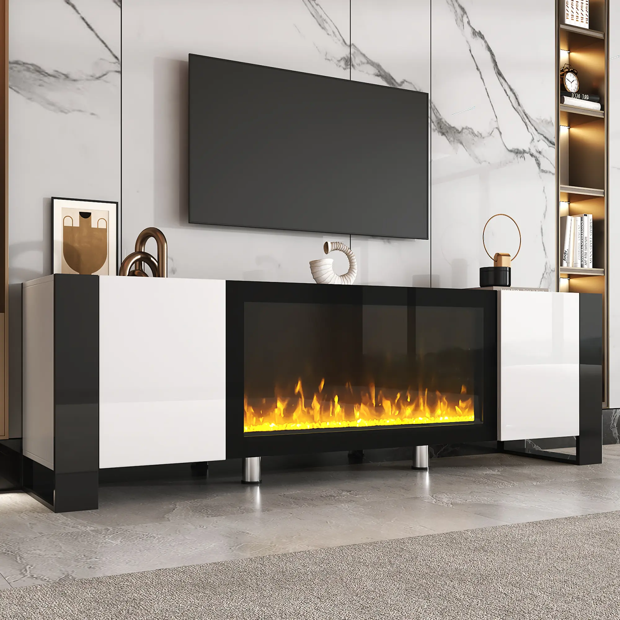 ON-TREND Modern TV Stand with 34.2" Non-heating Electric Fireplace, High Gloss Entertainment Center with 2 Cabinets, Media Console for TVs up to 78" Tv Stand With Storage Tv Stand Compatible