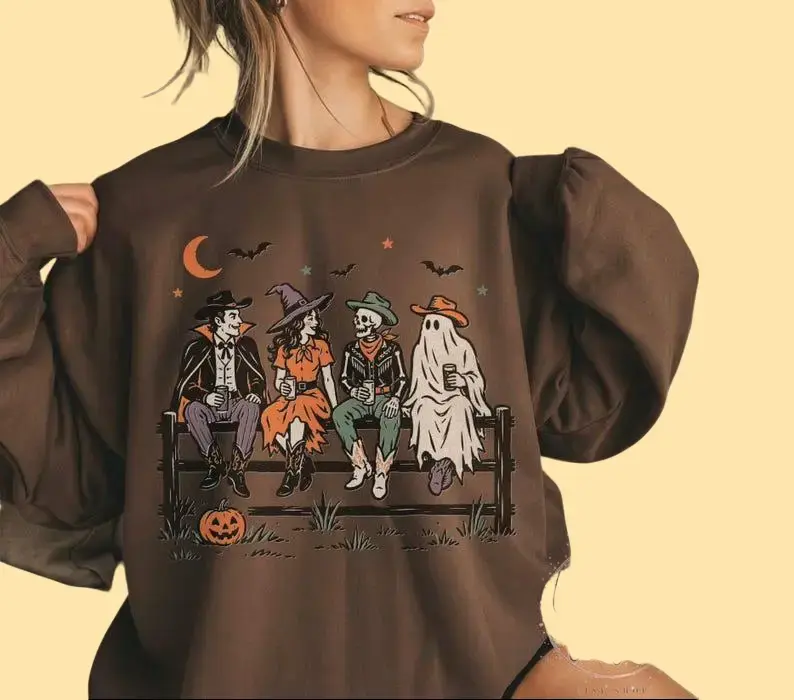 Vintage Western Halloween Sweatshirt Cowboy Witch Skeleton Ghost Sweatshirt  Cowboy Halloween