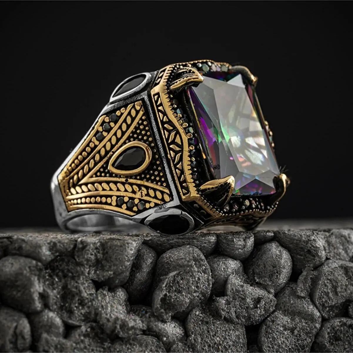 Vintage Handmade Turkish Topaz Ring Men's Ancient Gold Court Signet Ring Mystery Zircon Inlaid Punk Motorcyclist Ring