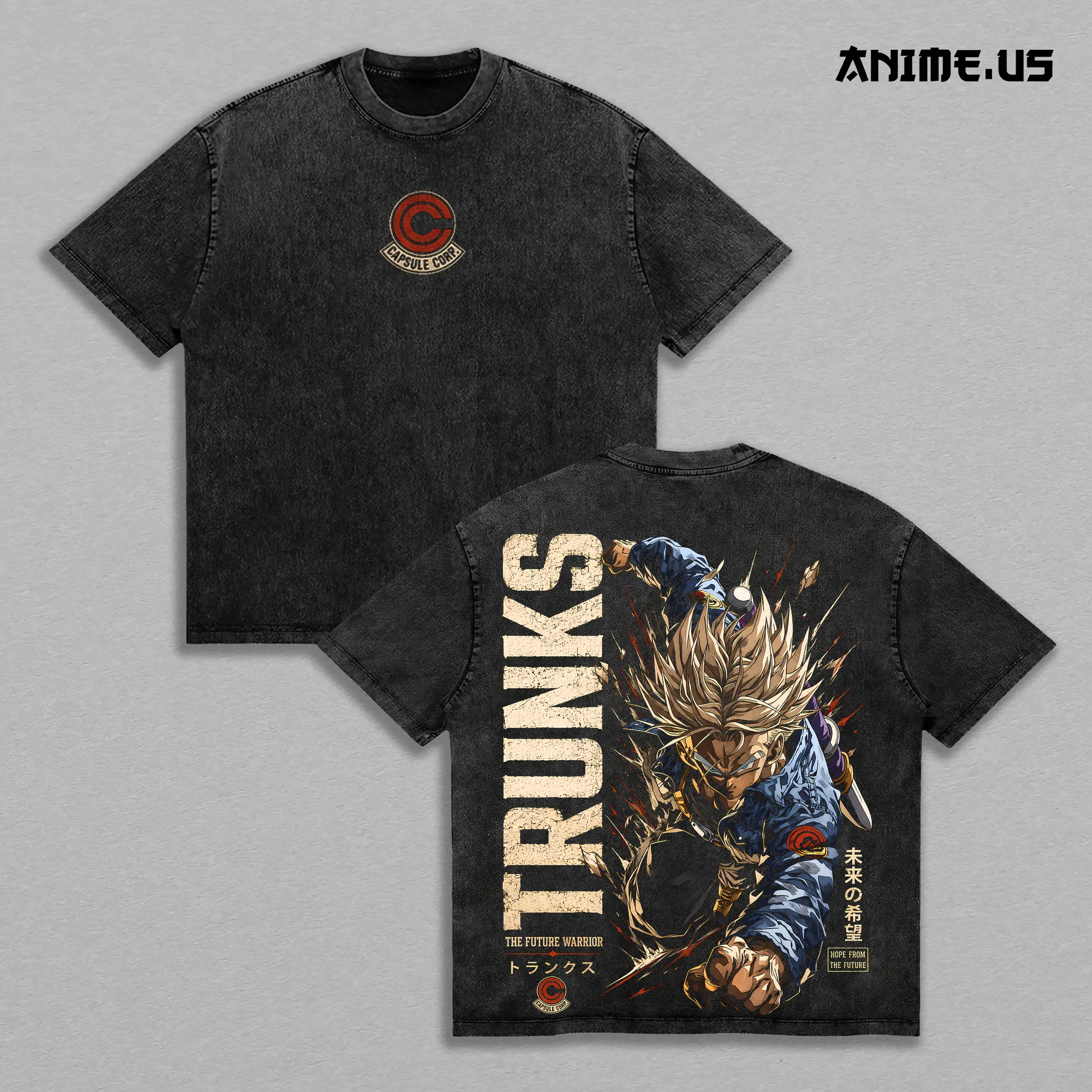Future Trunks Super Saiyan DBZ Anime Vintage Washed Tee, Capsule Corp Warrior Graphic Shirt, Heavy Cotton Oversized Streetwear Gift