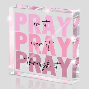 Pink Inspirational Christian Decor for Women – Pray On It Pray Over It Pray Through It Acrylic Sign, Faith Gift for Office Desk, Dorm Room, Small Space Decor