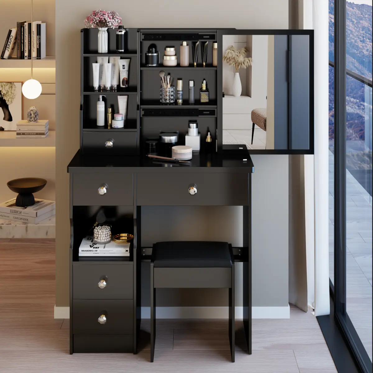 29.2" American MDF Wood Makeup Dressing Desk Vanity Table Set - Single Seat Cushioned Stool, Left Drawer, Extra Large Right Sliding Mirror, Multi-Layer High-Capacity Storage, Space-Saving Practical Fashionable Dresser