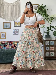 Boho Floral Print Long Dress, High Waist, Casual Romantic Elegant Style, Perfect for Music Festivals, Art Markets, Travel Picnics, Natural Feel, Skirts
