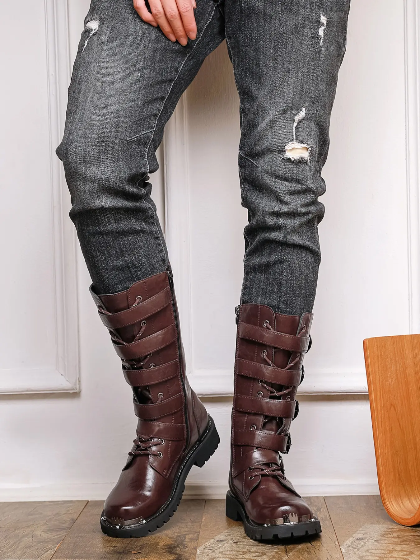 Men's High-End Metallic Thick Sole Rubber Long Trudge Boots, Anti-Slip Height Increase Metal Belt Buckle Decor, Punk Style Motorcycle Boots, Footwear, Boots Shoes