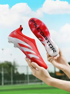 Unisex White-Black-Red Transparent Stud Soccer Shoes, Football Boots: Bold Identity Style, Contrast Stripes, Transparent Outsole, Laceless Design. Ideal for match visibility/trendy gameplay