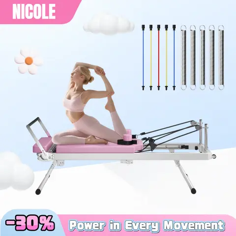 Nicole Selection Foldable Pilates Machines for Adults, 77.9x21.6x28.7in Home Gym Equipment, Eco-Leather Clean, 330.5lbs Capacity, Ultra-Smooth Glide Rails, Complimentary Elastic Cords, Resistance Band Gift (Upgraded Version Excludes Colored Springs)