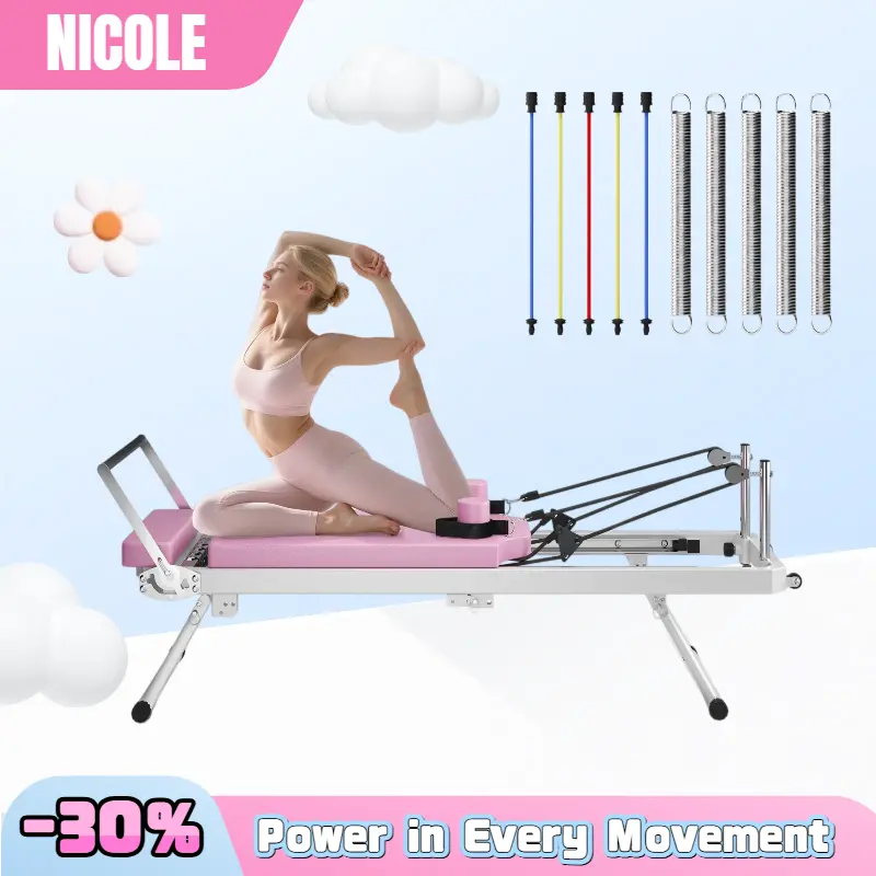 Nicole Selection Foldable Pilates Machines for Adults, 77.9x21.6x28.7in Home Gym Equipment, Eco-Leather Clean, 330.5lbs Capacity, Ultra-Smooth Glide Rails, Complimentary Elastic Cords, Resistance Band Gift (Upgraded Version Excludes Colored Springs)