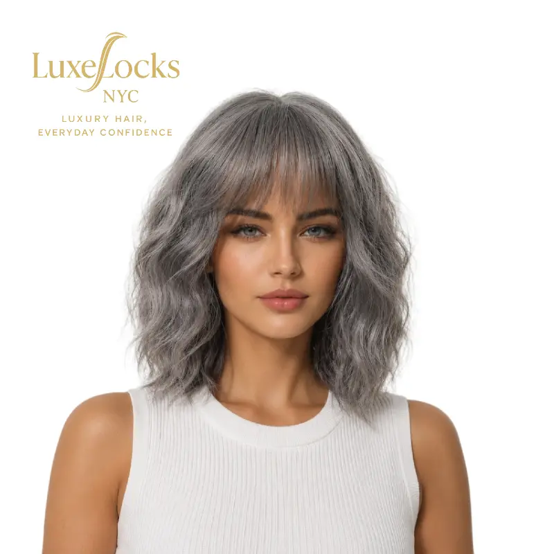14 Inch Silver Gray Wavy Bob Wig with Bangs, Short Fluffy Layered Wig for Women, Beginner Friendly Daily Party Wig