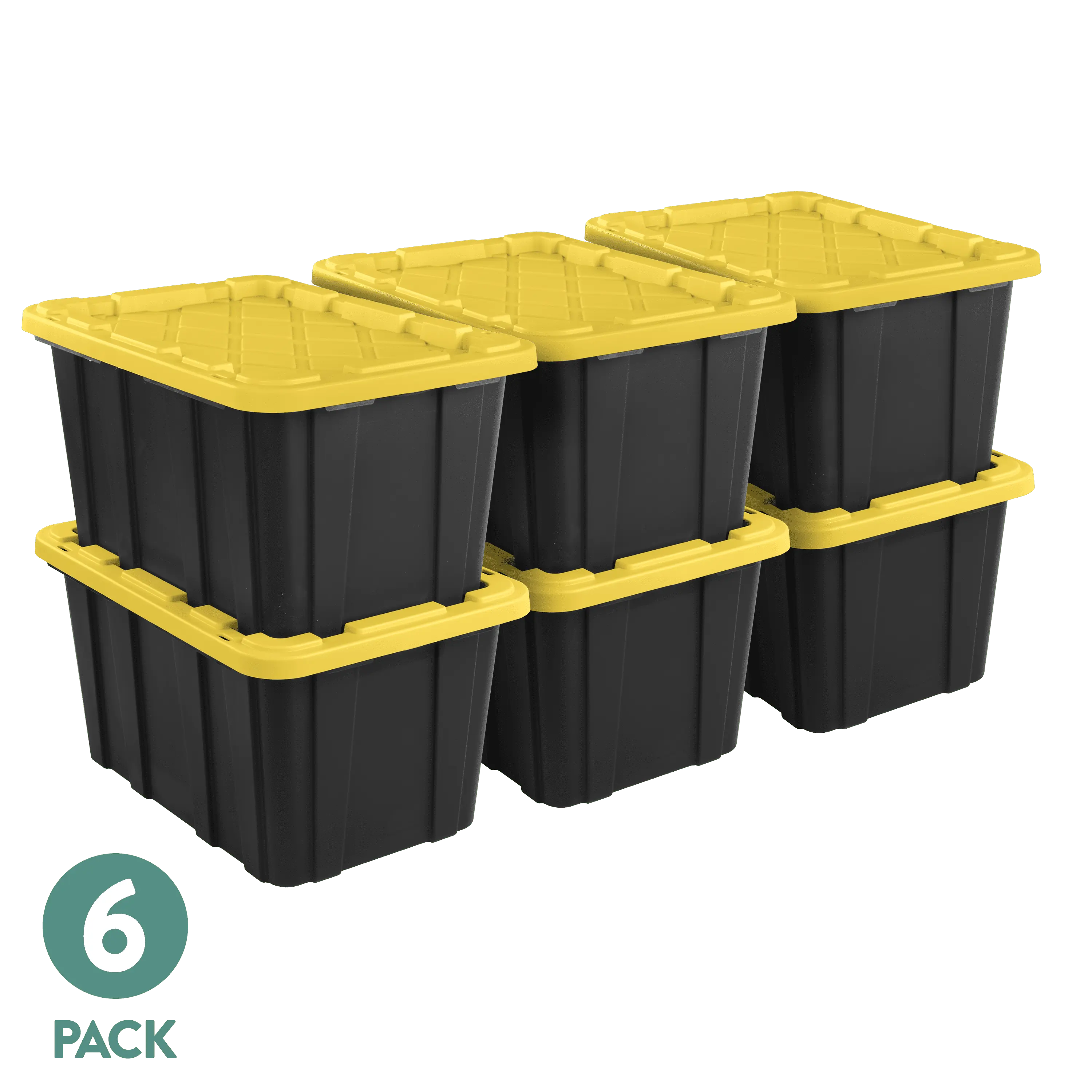 6-Pack Sterilite Large Storage Bins, 27-Gal Durable Plastic Storage Totes with Snap-On Lids, Black and Yellow Home Organizer Bins