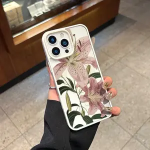 Minimalist Retro Lily Pattern Case,phone Case Suitable for Iphone 11/12/13/14/15/16/17 Pro Promax Plus Air and Samsung S22/S23/S24/S25 Plus Ultra Fe,Shockproof Anti-Scratch Durable Non-Yellowing Transparent Back Protective Cellphone Cover Gift