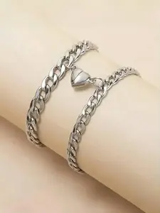 2pcs Simple Stainless Steel Heart Couple Bracelets, Fashion Matching Bracelets for Lovers, Daily & Dating Jewelry, Perfect Valentine's Day Gift