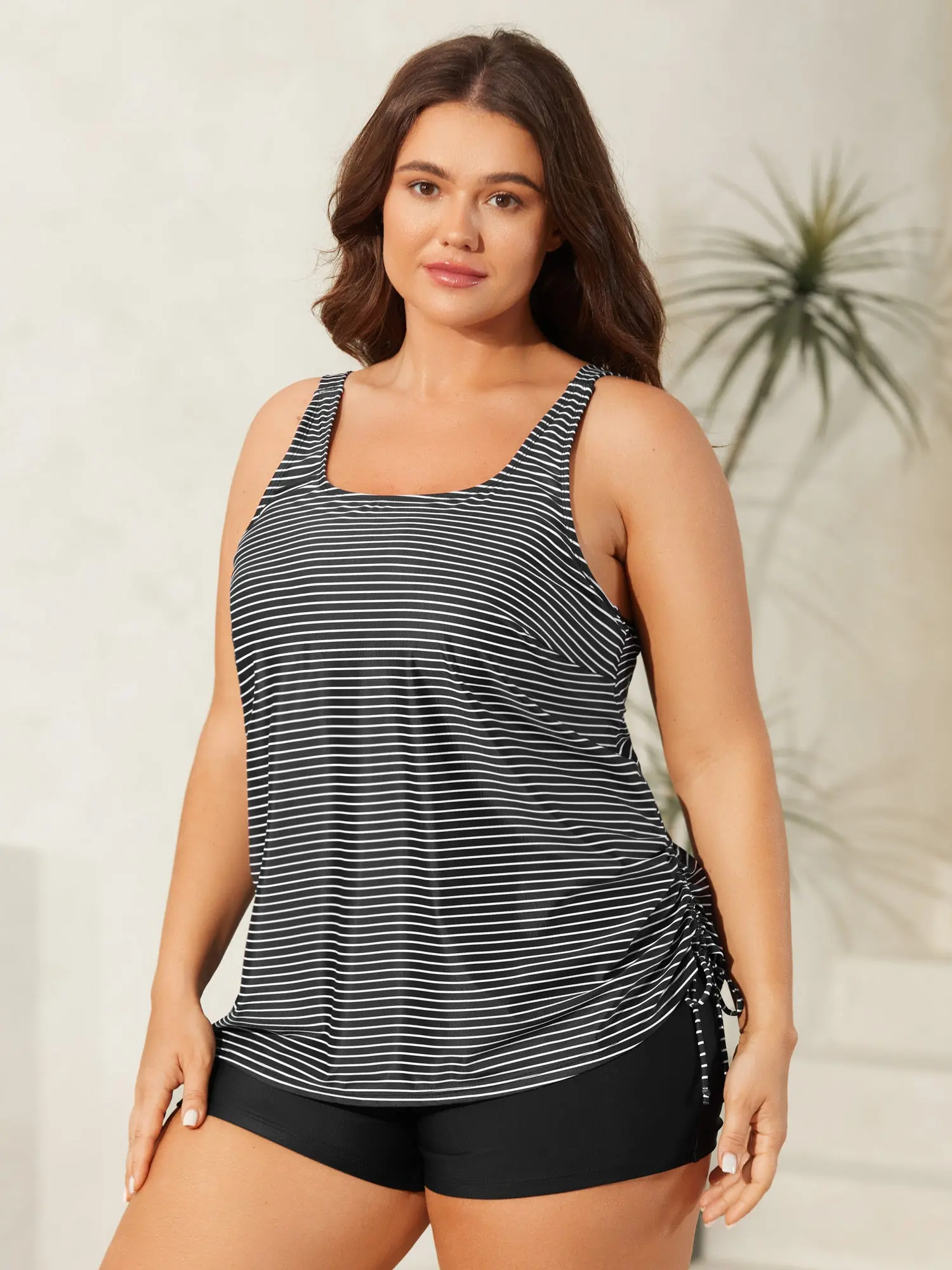 BloomChic Plus Size Tankini Swimwear, Striped Print High-Stretch Bathing Suit Top for Happy Curves with Tummy Control and Bust Support, Striped Print Tankini, Bodycon Cut, High-Stretch Shell Moves With You, Polyester Blend, Beach Swim, Bust‑Hug Support
