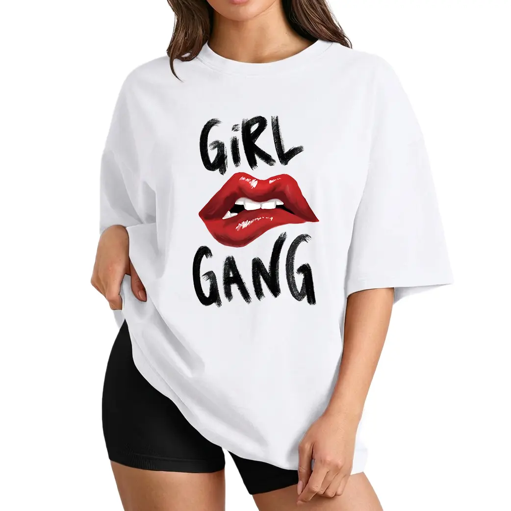 Baddie Aesthetic Girl Gang Red Mouth Graphic Oversized Black Short Sleeve Tee For Women 000016