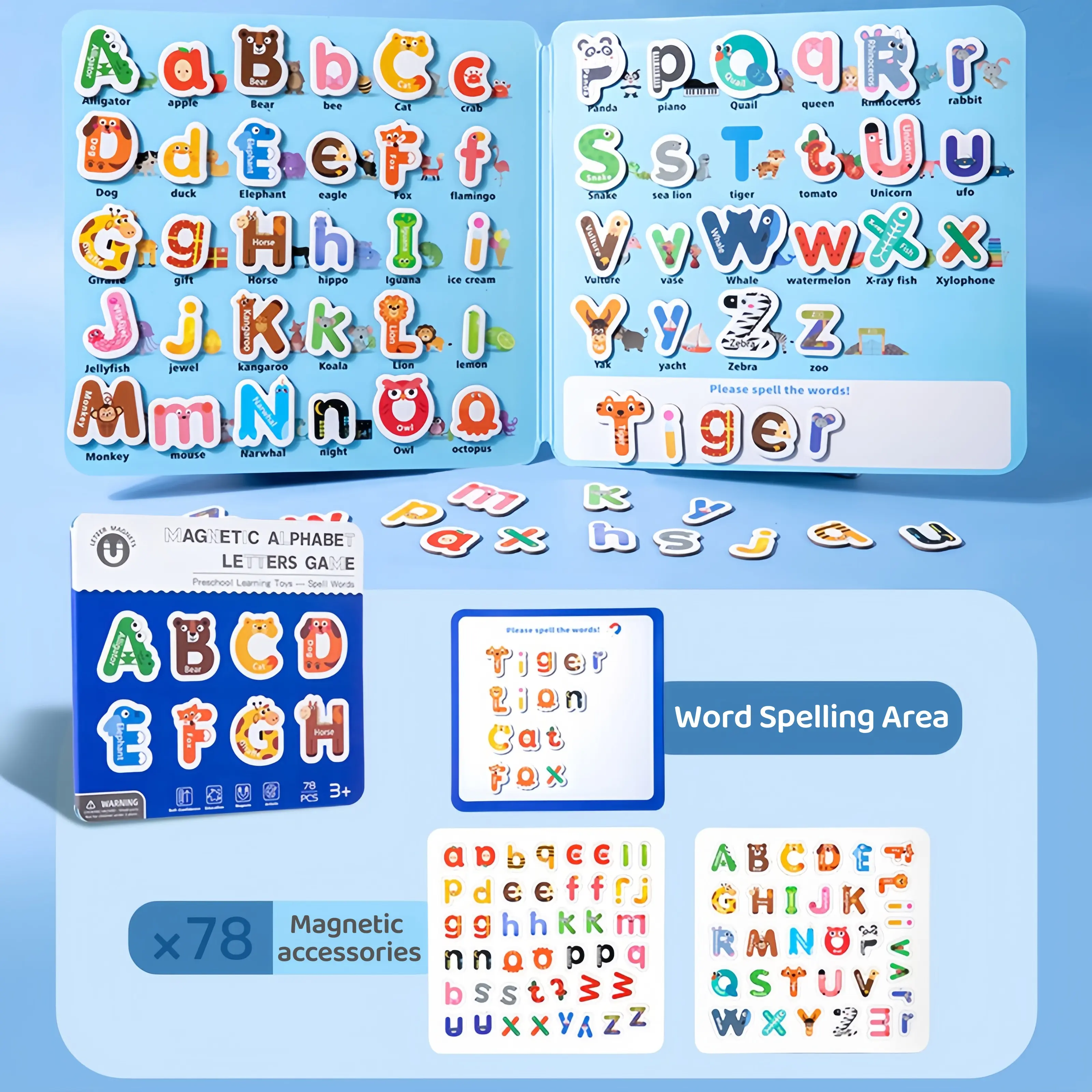 78 PCS Kids Magnetic Alphabet Puzzle,Magnetic Letter Toy for Kids,Preschool Learning Toys for Refrigerator, Homeschool Supplies & Birthday Party Games for Kids,Summervibes
