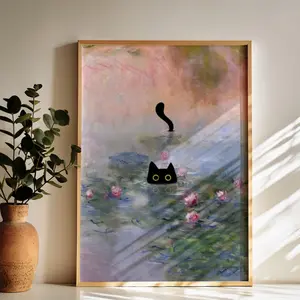 [UNFRAMED POSTER] Monet Waterlily Cat Print, Claude Monet Cat Poster, Cat Art, Floral Print, Wall Art, Monet Office Wall Decor, Living Room Wall Art, Cat Gift1 (Complimentary Delivery)