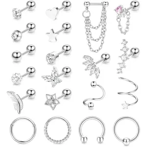 YADOCA 16G Cartilage Earrings for Women Men - Tragus Piercing Jewelry, Forward Helix, Surgical Steel Stud Hoop CZ Daith Conch Helix Piercing - 20Pcs