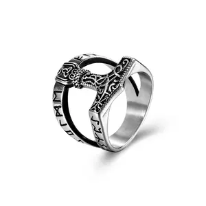 Retro Nordic Viking-script Thor's Hammer titanium steel ring; Men's large triangle-knot wrench ring.