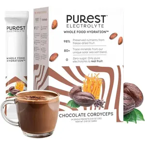 Purest Electrolyte Organic Chocolate Electrolyte Packets with Cordyceps Mushrooms and Real Fruit for Whole Food Hydration, Carnivore Electrolytes Sugar Free with Solar Sea Salts, 14 Packets