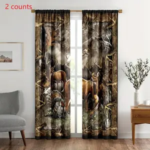 Rustic Cabin Deer Pattern Curtain, 2 Counts Country Farmhouse Forest Wildlife Print Window Curtain, Window Drapes for Living Room Bedroom, Home Decoration Curtain