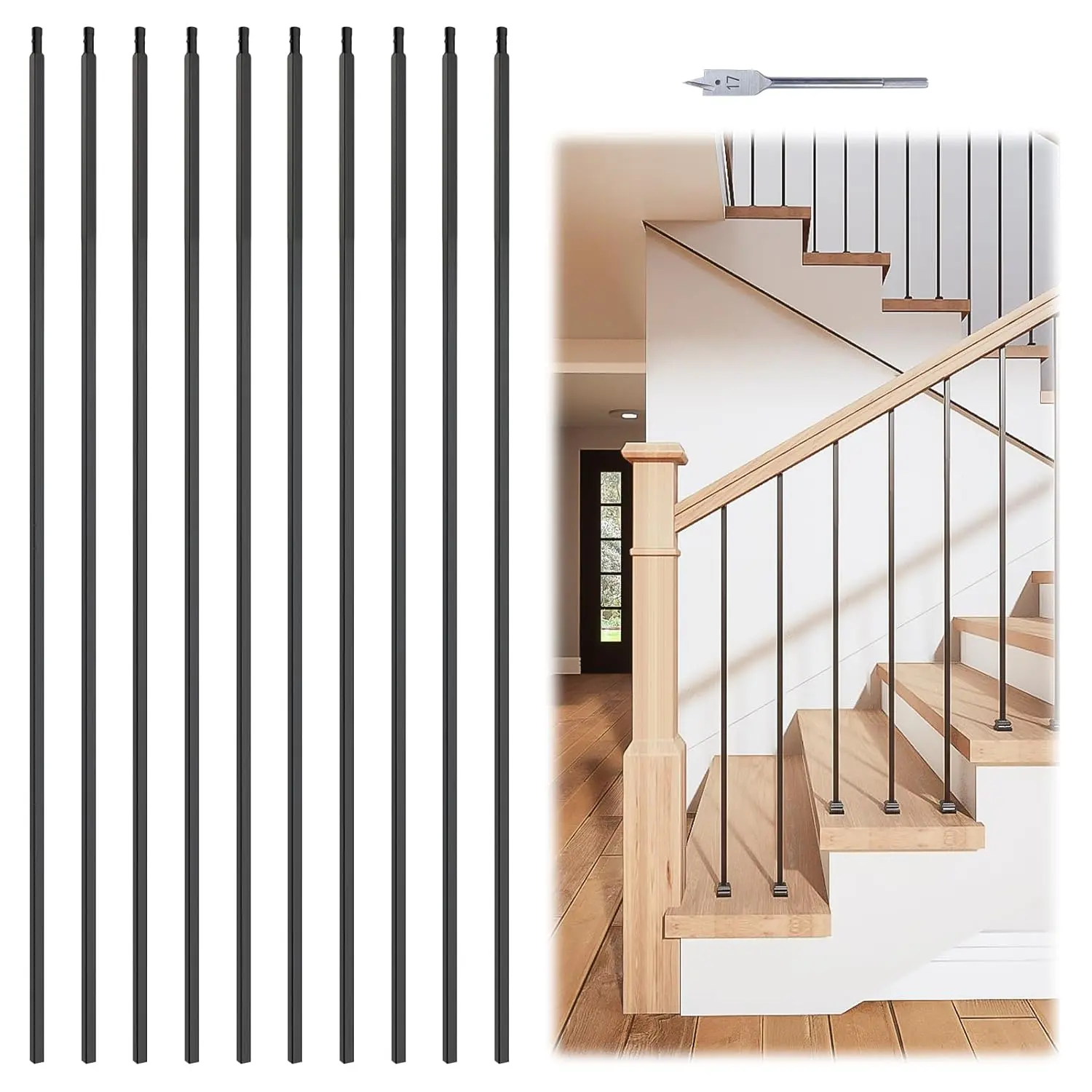 10Pack 44'' Wrought Iron Balutser Hollow Straight Bar Metal Stair Spindles for 1/2" Square Metal Stair Iron Balusters for Staircase Interior Decorative Staircase Deck Railing WT30