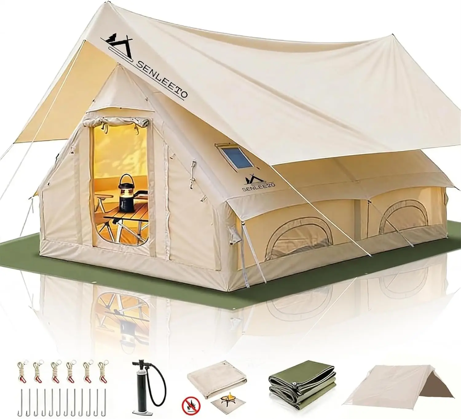 10-Person 4-Season Inflatable Instant Cabin Tent - Windproof Portable Warm Camping Shelter, 129 Sq Ft Heavy Duty Gear with Stove Jack, Mesh Windows, Pump for Outdoor Family Use, Windproof Portable Tent