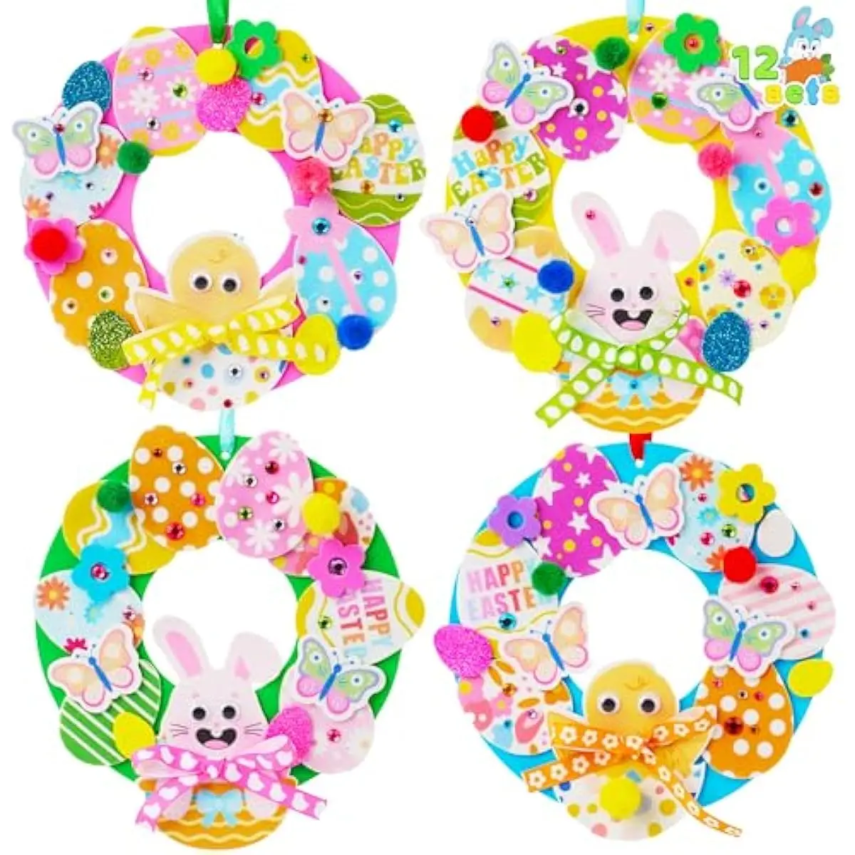 12 Sets Easter Wreath Signs Decorations, DIY Foam Craft Kit with Bunny, Chick & Egg Foam Stickers, Amusing Wiggle Eyes and Pom-Poms for Kids Easter Kids Activities, Party, Gift Decorations.