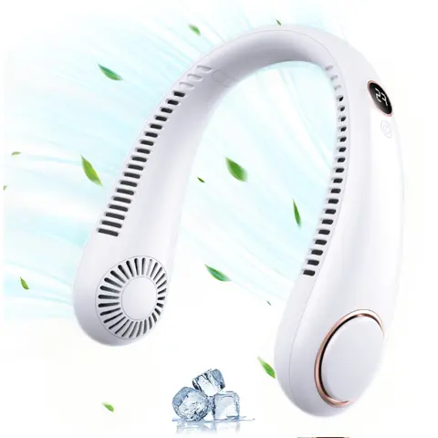 Unisex Lightweight Ergonomic Bladeless Neck Fan - 4000mAh USB Rechargeable, Safe Design, Low-Noise Airflow, 5 Speeds, Adjustable Width, Digital Display, ABS Silicone, Skin-Friendly Comfortable Wear, White (Indoor/Outdoor Home & Party Supplies Gift)