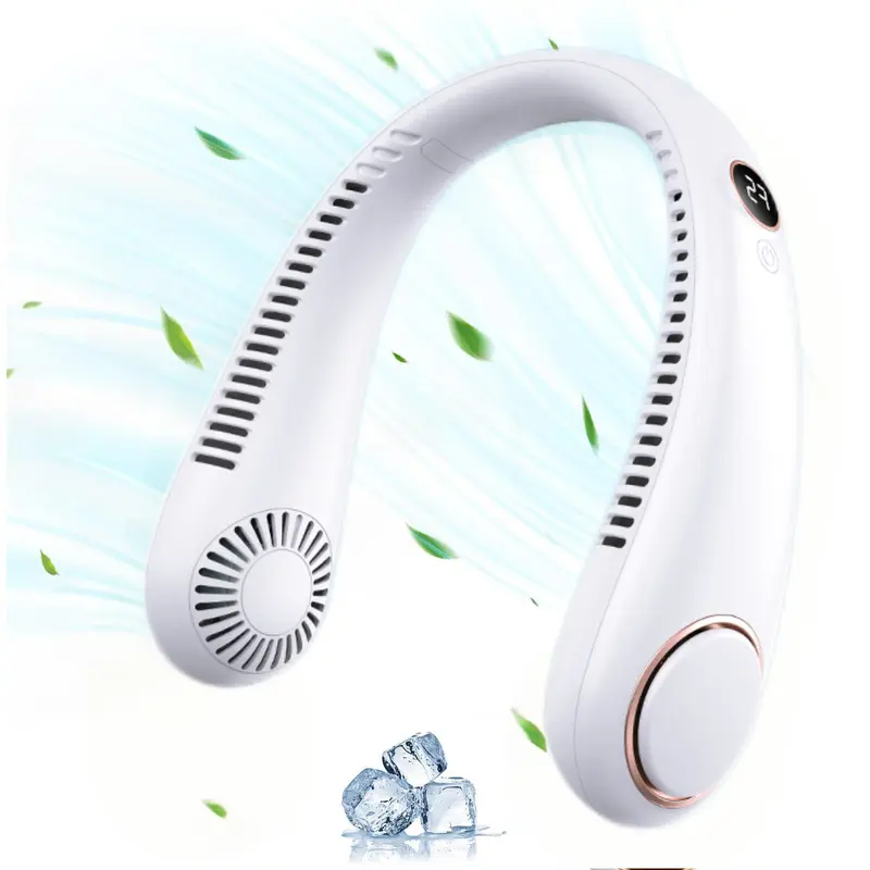 Unisex Lightweight Ergonomic Bladeless Neck Fan - 4000mAh USB Rechargeable, Safe Design, Low-Noise Airflow, 5 Speeds, Adjustable Width, Digital Display, ABS Silicone, Skin-Friendly Comfortable Wear, White (Indoor/Outdoor Home & Party Supplies Gift)