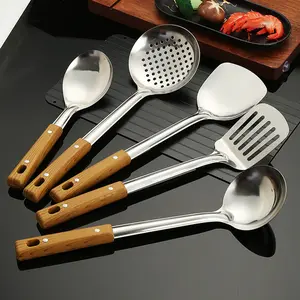 1 PC Stainless Steel Spatula Soup Spoon, Heat resistant, Colander Kitchenware Set Wooden Handle Kitchen Household Cooking Frying Spatula