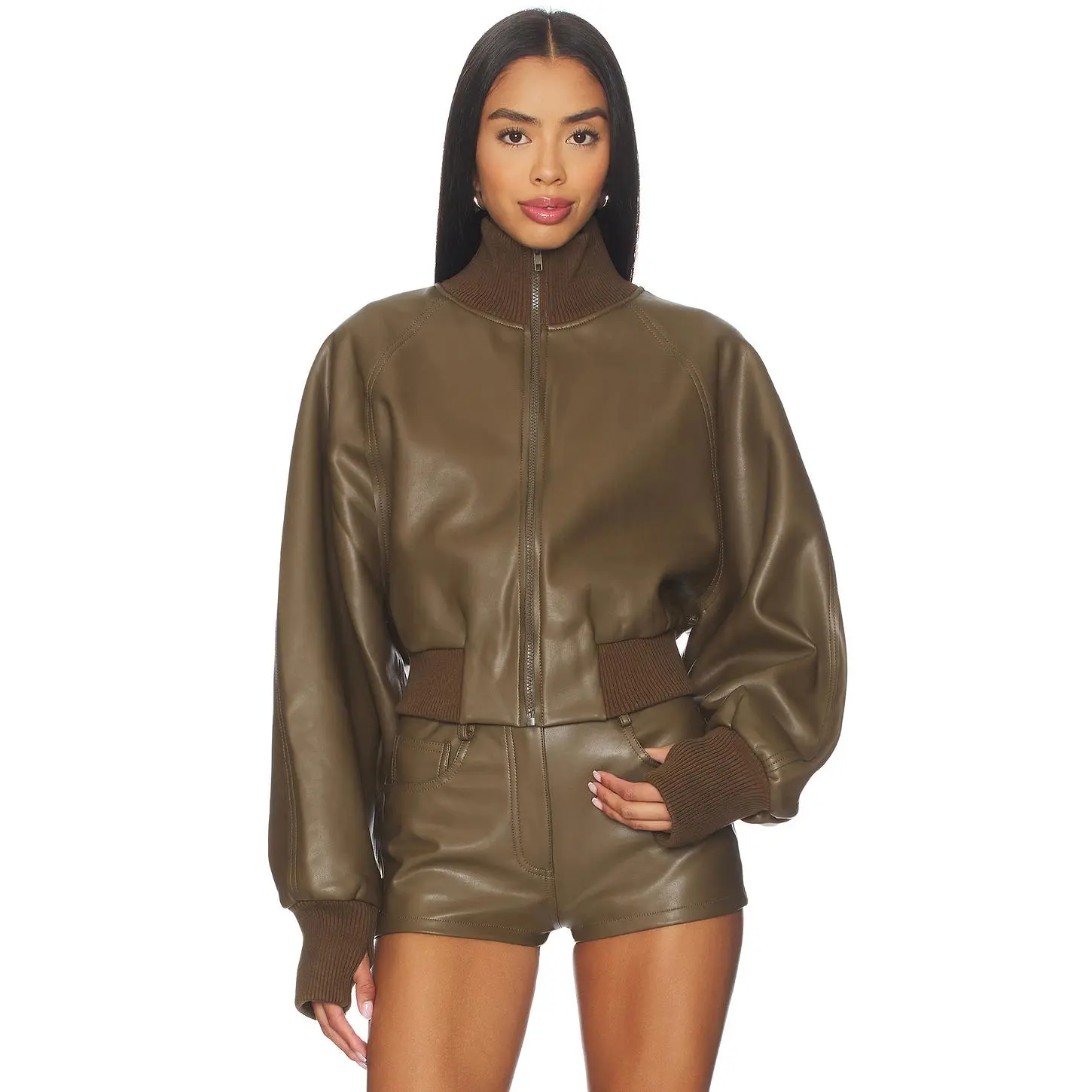 Norma Kamali Oversized Turtleneck Bomber Jacket To Waist in Bark