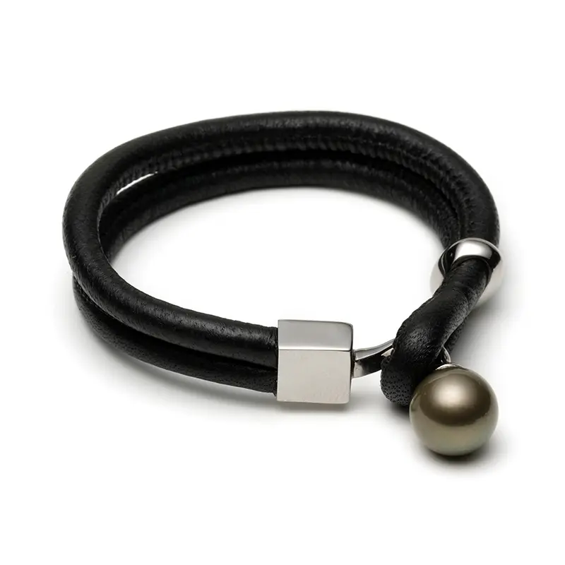 Tahitian Black Pearl Bracelet with Genuine Leather Double Strand Design, Minimalist Unisex Jewelry for Women & Men(Suitable for Wrist Sizes up to 16cm)