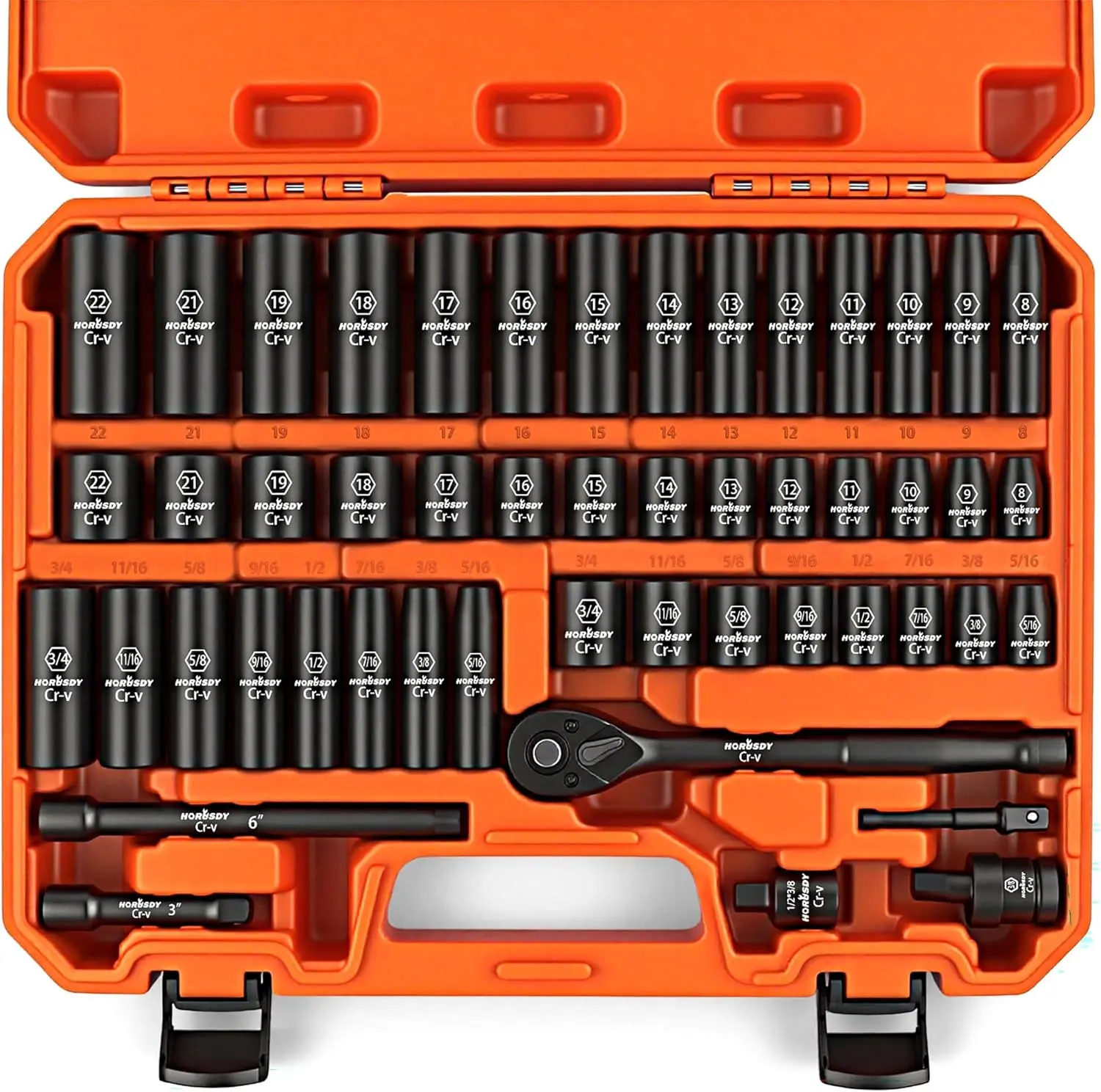 50-Piece 3/8" Drive Impact Socket Set, Standard SAE (5/16 to 3/4 inch) and Metric (8-22mm) Size, 6 Point, Cr-V, 3/8-Inch Drive Ratchet Wrench, Drive Extension Bar, Impact Universal Joint