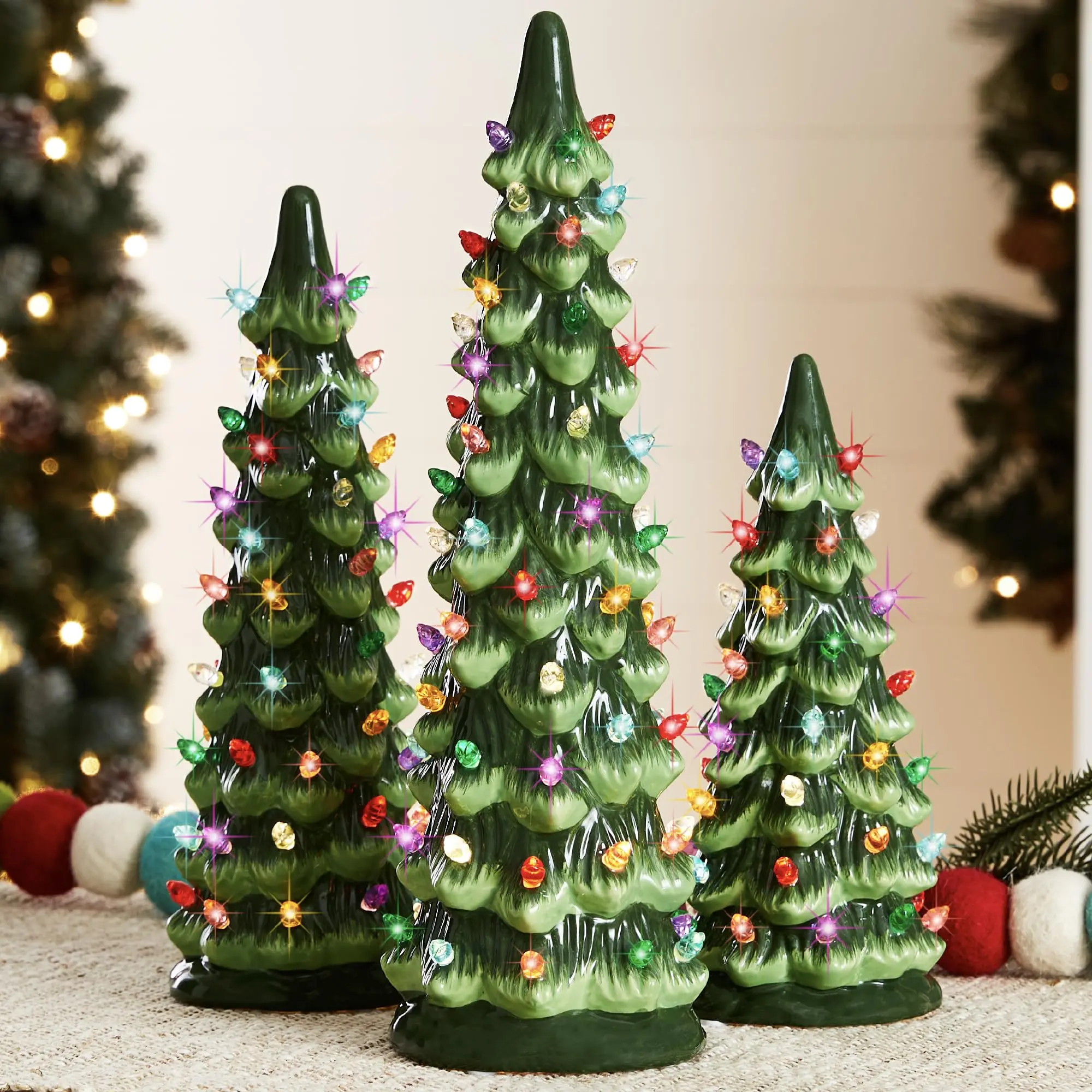 3 Pack Ceramic Christmas Trees, Pre-Lit Hand-Painted Tabletop Holiday Decoration w/Multicolor Bulbs, LED Lights, Set, Multi-Size