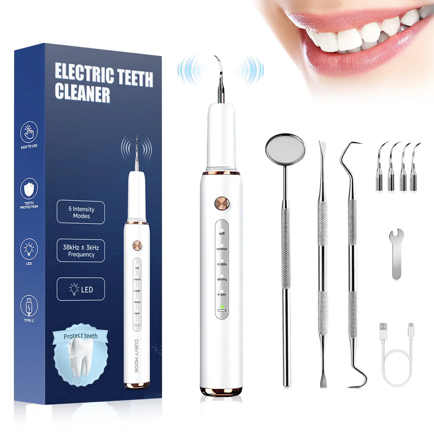 Rechargeable Ultrasonic Electric Teeth Cleaning  with Replacement Heads, Manual Auxiliary Cleaning Tools, Dental Scaler & Oral Irrigator-Box Cleansing