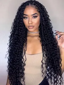 32 Inch Long Deep Wave Bohemian Box Braids Wigs for Women, Gorgeous Fluffy Wigs without Bangs, Synthetic Material Wigs, Synthetic Braided Lace Wigs for Party, Daily Use, Boho Box Braids