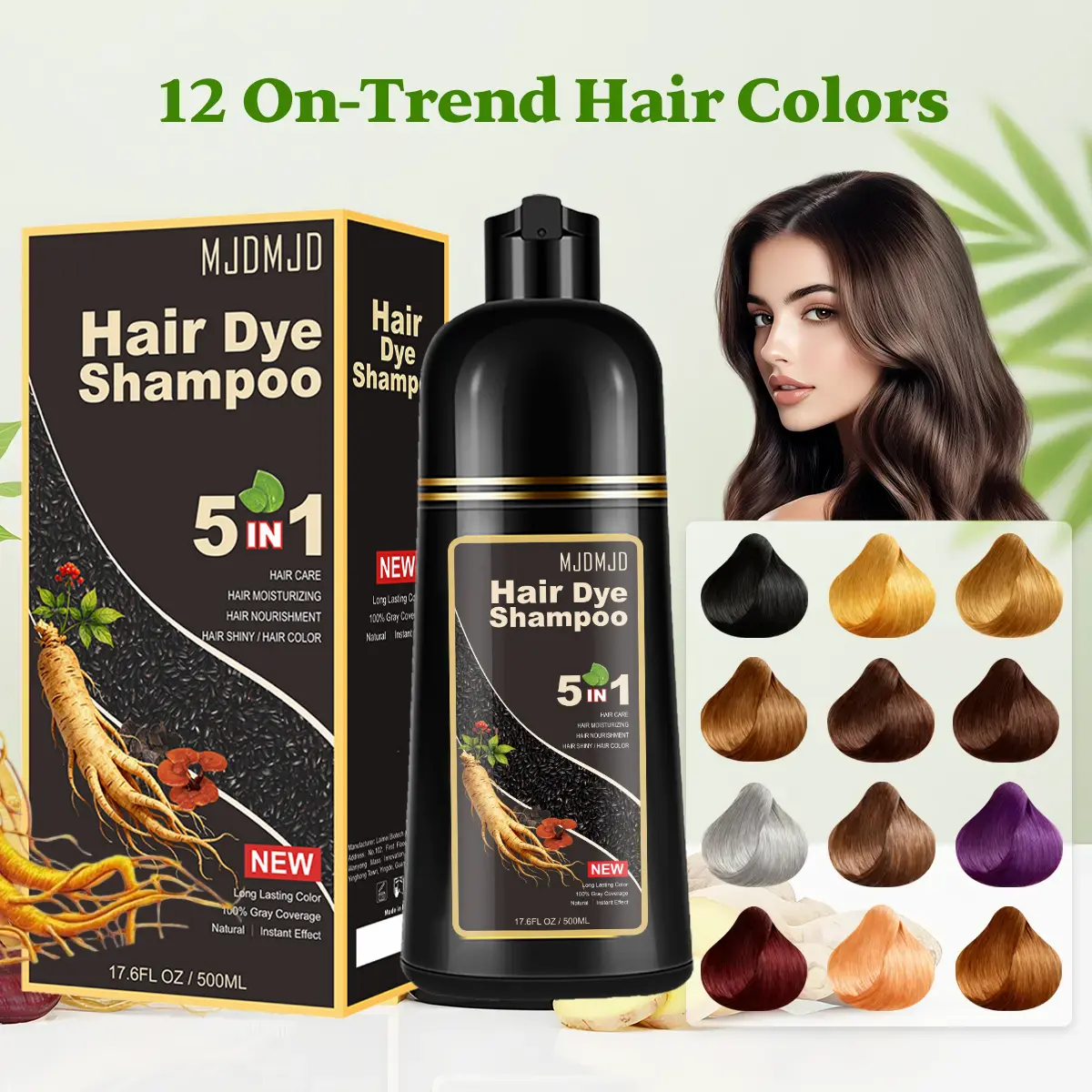 MJDMJD Hair Dye Shampoo 5-in-1, Instant Hair & Beard Color for Gray Coverage, 2 Free Hair Masks, Herbal Formula with Natural Ingredients, Long-Lasting Color in Minutes, Easy to Use Champu Para Canas for Women & Men, Root Touch-Up, Haircare, 500ml, No Blea